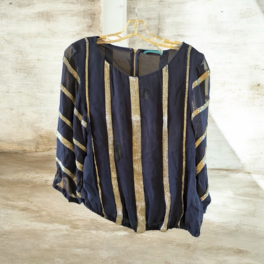 Alice + Olivia Navy Blouse with Gold Beaded Stripes. Size Medium - Picture 4 of 6